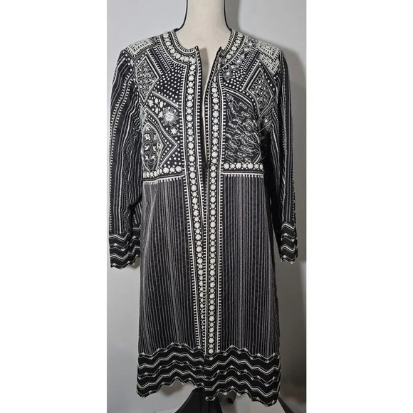 Sandy Starkman Jackets & Blazers - Vintage Sandy Starkman Black Long Coat Linen Embellished White Beads Trim XL
